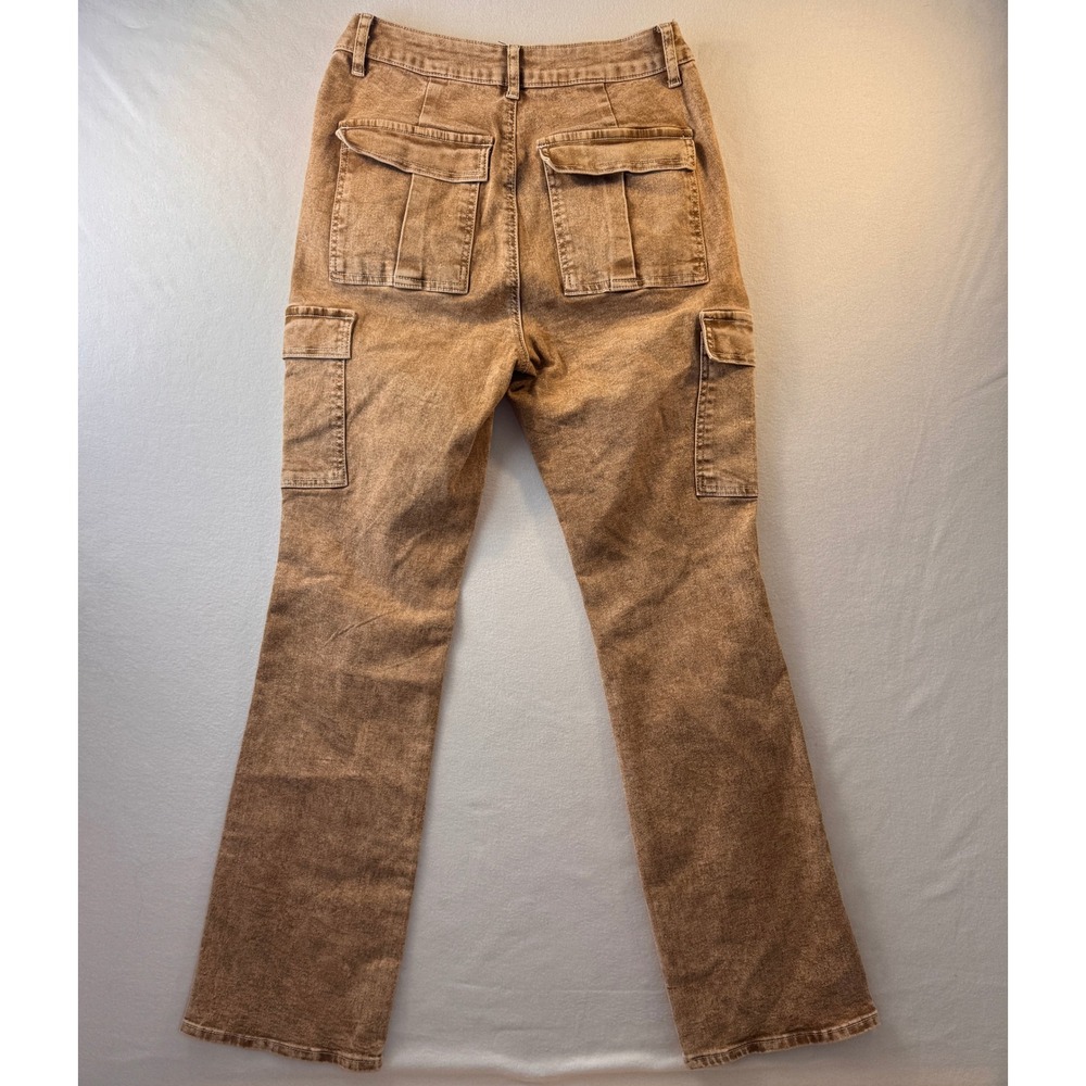 Flamingals Womens M Brown Acid Wash Cargo Jeans Y2K Utility Flare Pants - Picture 8 of 10